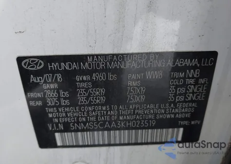 2019 Hyundai Santa Fe Limited 2.0T z USA, uszkodzony, nr VIN 5NMS5CAA3KH023519